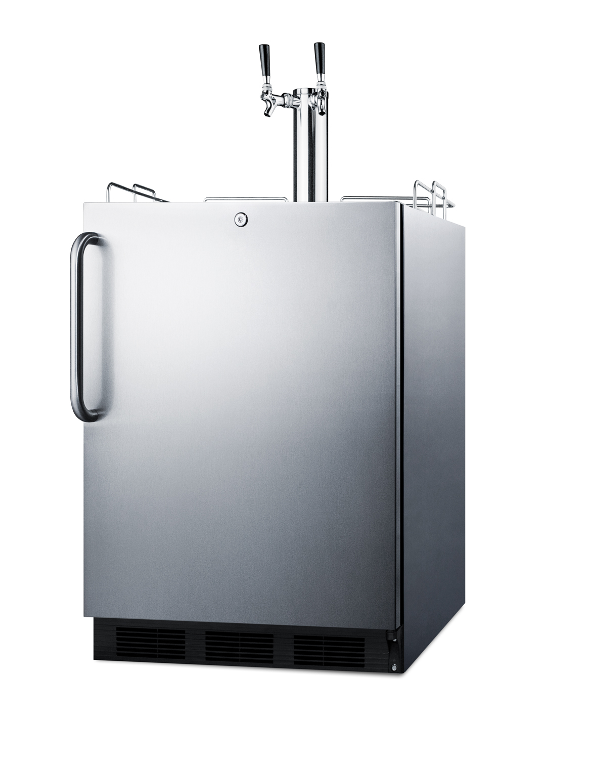 Built-in undercounter ADA height commercially listed dual tap wine dispenser with stainless steel wrapped door and black cabinet